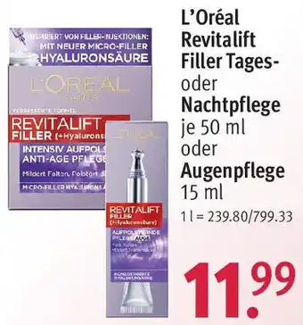 Rossmann L'Oréal Revitalift Filler Tages-oder Nachtpflege 50 ml oder Augenpflege 15 ml Angebot