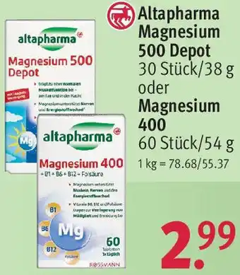 Rossmann Altapharma Magnesium 500 Depot 30 Stück/38 g oder Magnesium 400 Angebot