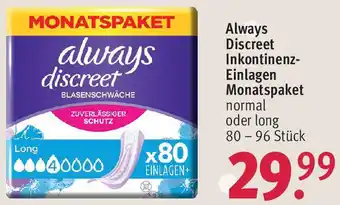 Rossmann Always Discreet Inkontinenz-Einlagen Monatspaket 80-96 Stück Angebot