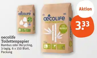 tegut oecolife Toilettenpapier 6 x 150 Blatt, Packung Angebot