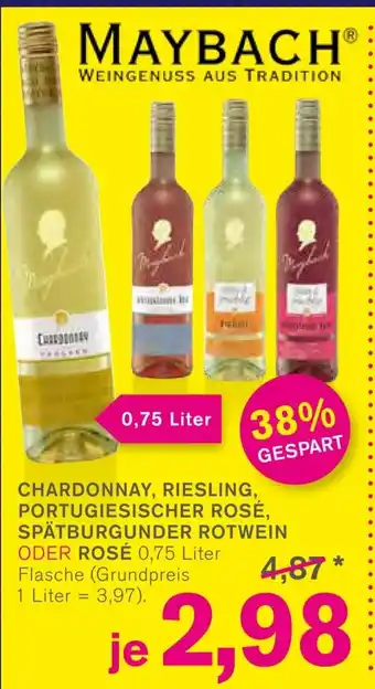 KODi MAYBACH CHARDONNAY, RIESLING, PORTUGIESISCHER ROSÉ, SPÄTBURGUNDER ROTWEIN ODER ROSÉ 0,75 Liter Angebot