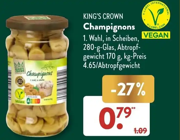 KING'S CROWN Champignons 280 g Glas Angebot bei Aldi Süd