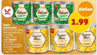 PENNY PENNY Sonnenmais 3 x 212-ml-Dose oder Erbsen Extra fein 3 x 200 g Dose Angebot
