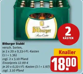 REWE Bitburger Stubbi 2 x 20 x 0,33-l-Fl.-Kasten Angebot