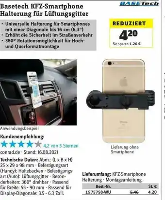 Conrad Basetech Kfz-smartphone Halterung Für Lüftungsgitter Angebot