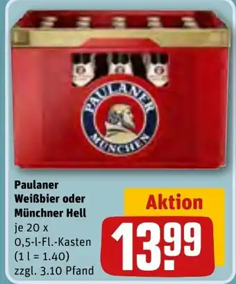 REWE Paulaner Weißbier oder Münchner Hell 20 x 0,5 l Fl.Kasten Angebot