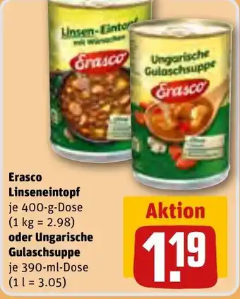 REWE Erasco Linseneintopf 400-g-Dose oder Ungarische Gulaschsuppe 390 ml Dose Angebot