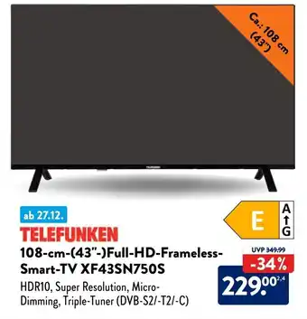 Aldi Süd TELEFUNKEN 108-cm-(43"-)Full-HD-Frameless-Smart-TV XF43SN750S Angebot