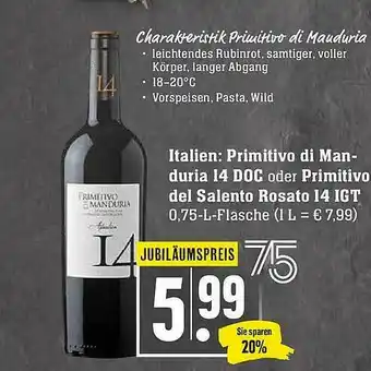 Scheck-in-Center Italien : Primitivo Di Manduria 14 Doc Oder Primitivo Del Salento Rosato I4 Igt Angebot