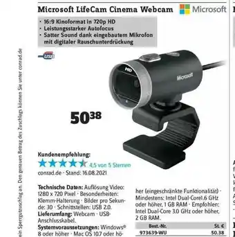 Conrad Microsoft Lifecam Cinema Webcam Angebot