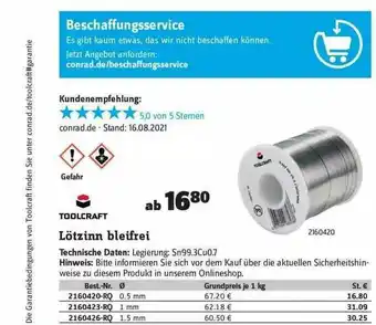 Conrad Toolcraft Lötzinn Bleifrei Angebot