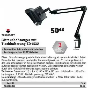 Conrad Toolcraft Lötrauchabsauger Mit Tischhalterung Zd-153a Angebot