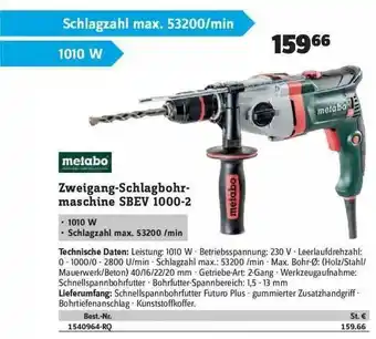 Conrad Metabo Zweigang-schlagbohrmaschine Sbev 1000-2 Angebot