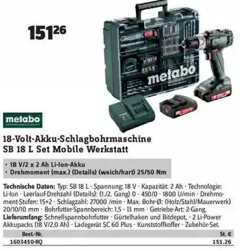 Conrad Metabo 18-volt-akku-schlagbohrmaschine Sb18l Set Mobile Werkstatt Angebot