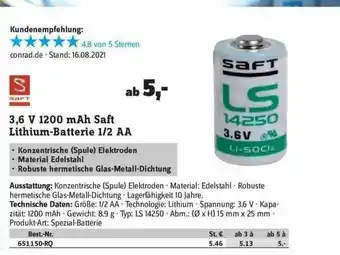 Conrad 3.6v 1200mah Saft Lithium-batterie ½ AA Angebot