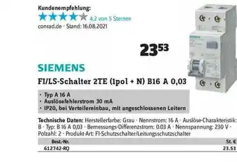 Conrad Siemens Fi Ls-schalter 2te (1pol + N) B16 A 0.03 Angebot