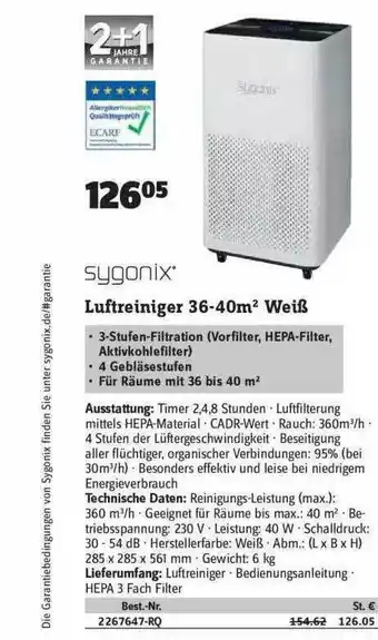 Conrad Sygonix Luftreiniger 36-40m² Weiß Angebot