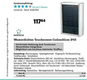 Conrad Wasserdichtes Touchscreen-codeschloss Ip65 Renkforce Angebot