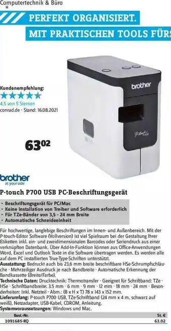 Conrad Brother P-touch P700 Usb Pc-boschriftungsgerät Angebot