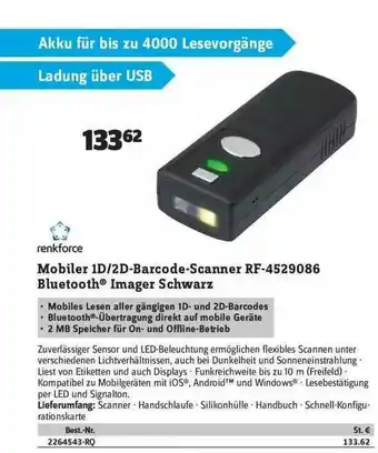 Conrad Renkforce Mobiler 1d 2d-barcode-scanner Rf-4529086 Bleutooth Imager Schwarz Angebot