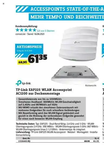 Conrad Tp-link Eap225 Wlan Accesspoint Ac1200 Zur Deckenmontage Angebot