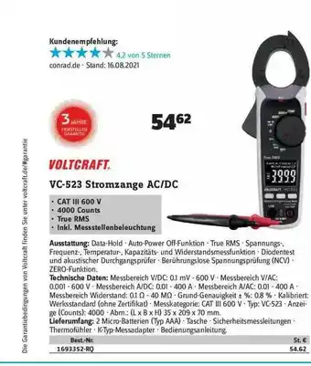 Conrad Voltcraft Vc-523 Stromzange Ac Dc Angebot