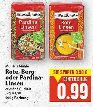 E-Center Müller's Mühle Rote, Berg Oder Pardina Linsen Angebot