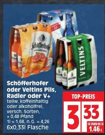 Edeka Schöfferhofer oder Veltins Pils, Radler oder V+ teilw. koffeinhaltig oder alkoholfrei, versch. Sorten, 6*330ml Angebot