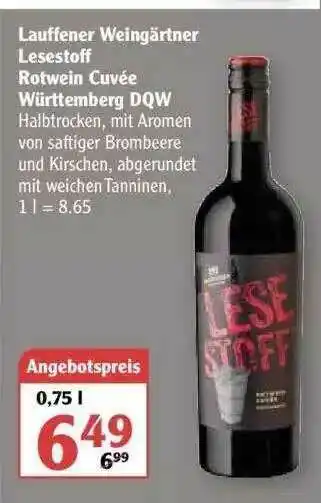 Globus Lauffener Weingärtner Lesestoff Rotwein Cuvée Württemberg DQW Angebot