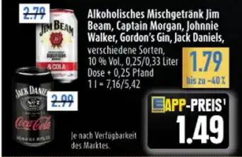 diska Alkoholisches Mischgetränk Jim JIM BEAM Beam, Captain Morgan, Johnnie Walker, Gordon's Gin, Jack Daniels 250/330ml Angebot