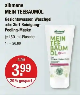 V Markt alkmene MEIN TEEBAUMÖL Gesichtswasser, Waschgel oder 3in1 Reinigung-Peeling-Maske je 150-ml-Flasche Angebot