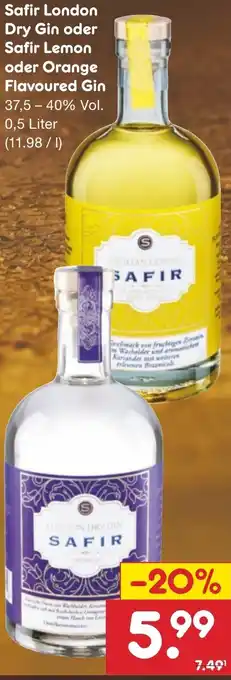 Netto Marken-Discount Safir London Dry Gin oder Safir Lemon oder Orange Flavoured Gin 0,5 Liter Angebot