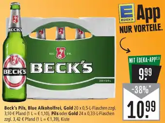 Marktkauf Beck's Pils, Blue Alkoholfrei, Gold 20 x 0,5 L, Pils oder Gold 24 x 0,33 L Flaschen Angebot