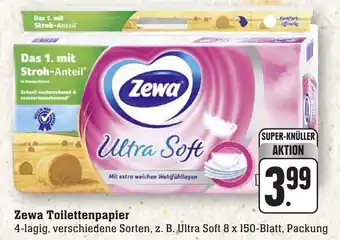 nah & gut Zewa Toilettenpapier 4-lagig, verschiedene Sorten, B. Ultra Soft 8 x 150-Blatt, Packung Angebot