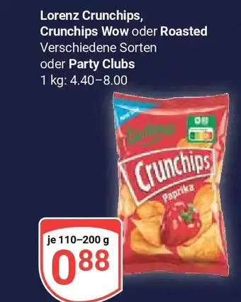 Globus Lorenz Crunchips, Crunchips Wow oder Roasted oder Party Clubs 110-200g Angebot