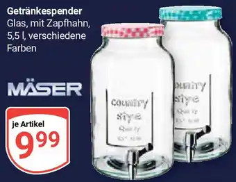 Globus MÄSER Getränkespender Glas, mit Zapfhahn, 5,5 l, verschiedene Farben Angebot