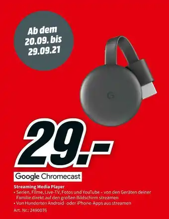 MediaMarkt Google chromecast streaming media player Angebot