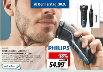 Lidl Philips rotationsrasierer „s3133/57“ + nasen-/ohrhaartrimmer „nt1150“ Angebot