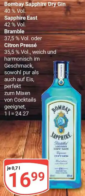 Globus Bombay Sapphire Dry Gin 40% Vol. Sapphire East 42 % Vol. Bramble 37,5 % Vol. oder Citron Pressé 35,5% Vol., 700ml Angebot