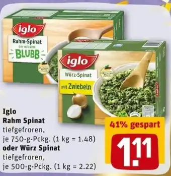 REWE PETZ Iglo Rahm Spinat 750g oder Würz Spinat 500g Angebot