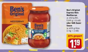 REWE PETZ Ben's Original Express Reis Mediterran 250g oder Süß Sauer Sauce 400g Angebot