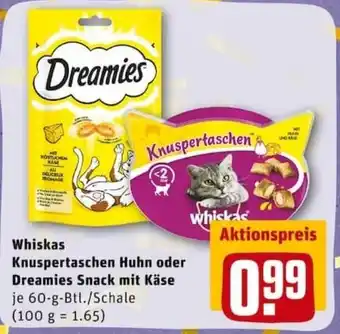 REWE PETZ Whiskas Knuspertaschen Huhn oder Dreamies Snack mit Käse 60g Angebot