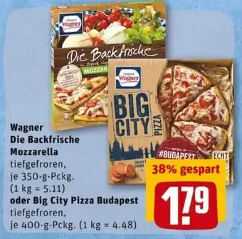 REWE PETZ Wagner Die Backfrische Mozzarella 350g oder Big City Pizza Budapest 400g Angebot