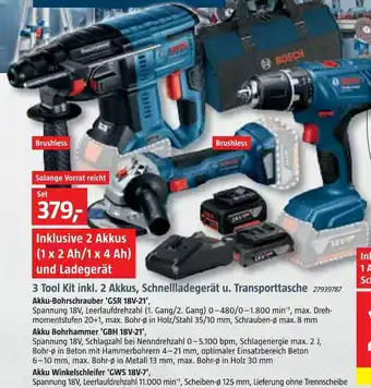 Bauhaus Bosch 3 tool kit inkl. 2 akkus, schnellladegerät u. transporttasche Angebot