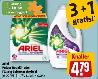 REWE Ariel Pulver Regulär oder Flüssig Colorwaschmittel 20-WL-Btl./Fl. Angebot