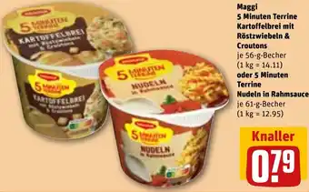 REWE Maggi 5 Minuten Terrine Kartoffelbrei mit Röstzwiebeln & Croutons 56 g oder 5 Minuten Terrine Nudeln in Rahmsauce 61 g Becher Angebot