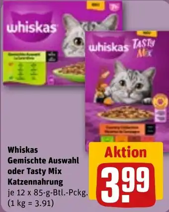 REWE Whiskas Gemischte Auswahl oder Tasty Mix Katzennahrung 12 x 85 g Btl. Pckg. Angebot