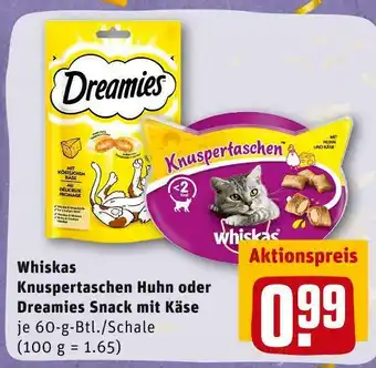 REWE Whiskas oder dreamies whiskas knuspertaschen huhn oder dreamies snack mit käse Angebot