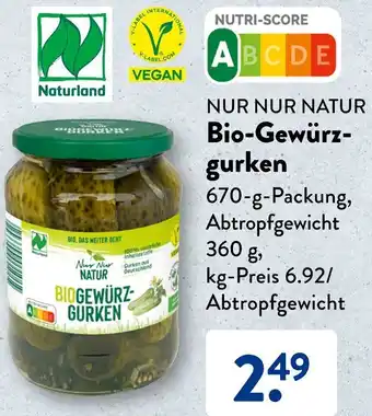 Aldi Süd NUR NUR NATUR Bio-Gewürzgurken 670 g Packung Angebot