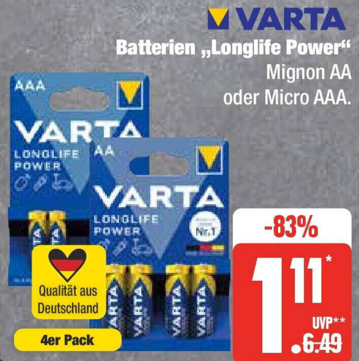 VARTA Batterien ,,Longlife Power" 4er Pack Angebot bei Edeka